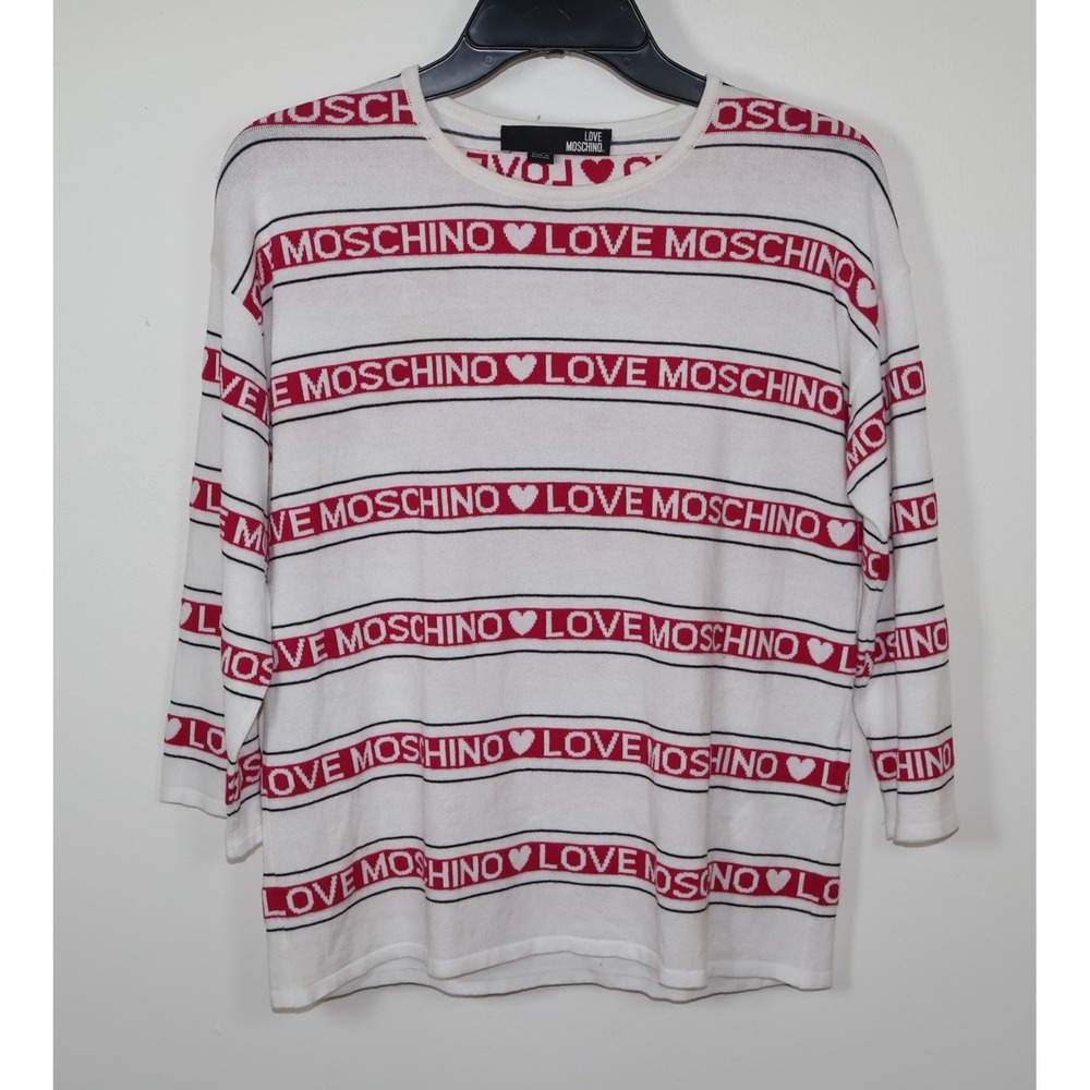 Love Moschino Sweater Size Medium White Red Logo Graphic Lightweight